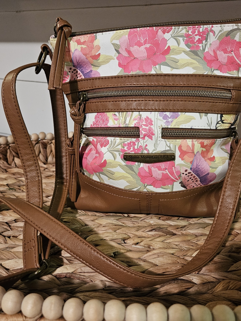 Stone Mountain Accessories Floral Satchel with Brown Trim and Pink Flowers